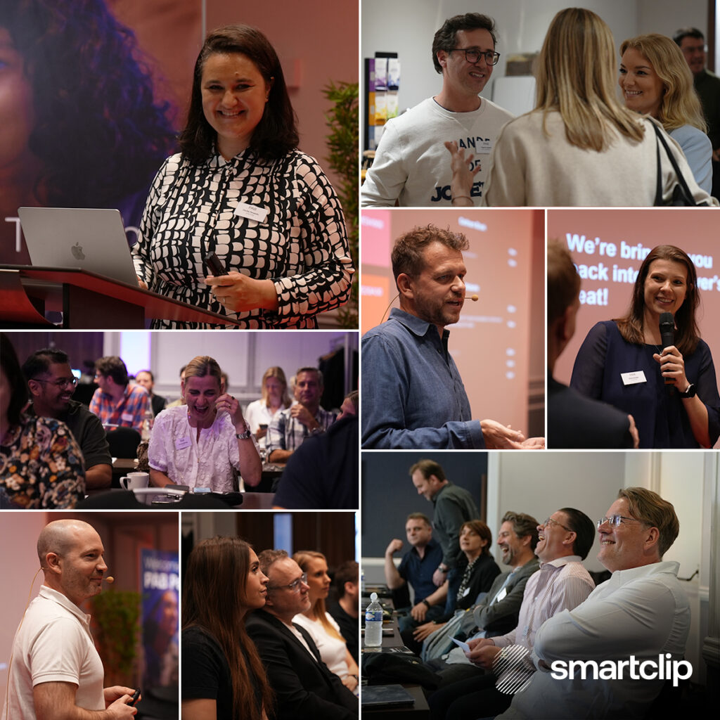smartclip branded collage of various speakers on stage and audience members at the Product Advisory Board meeting